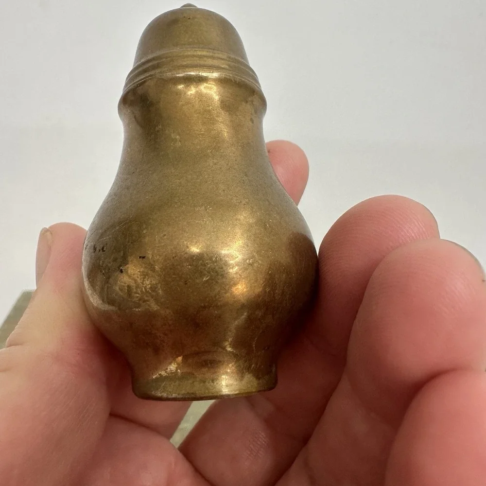 Vintage MCM Solid Brass Salt And Pepper Shakers Lined Screw on Lid Patina Clean